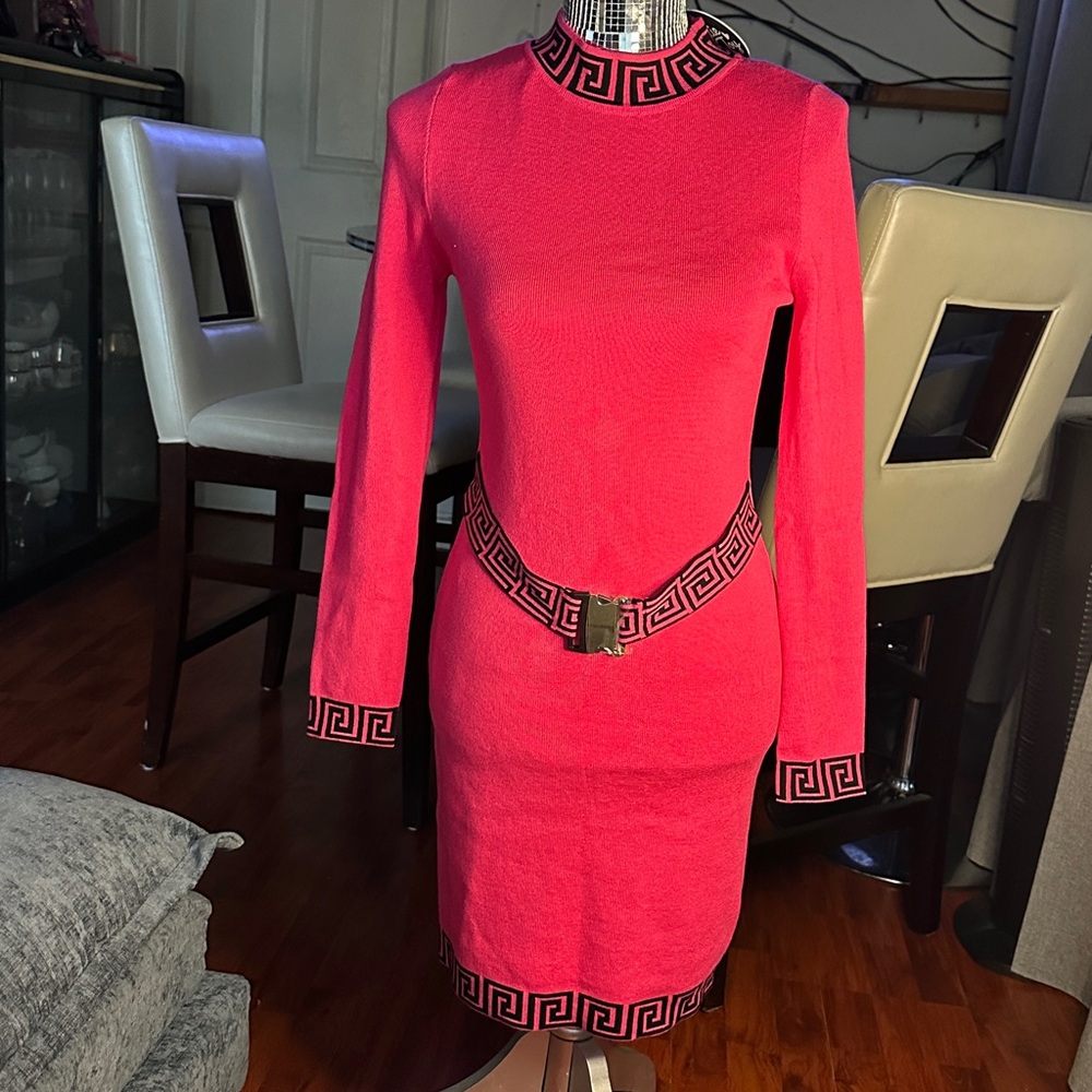 Pink Long-Sleeve Knit Bodycon Dress with Contrast Trim - Picture 2 of 5
